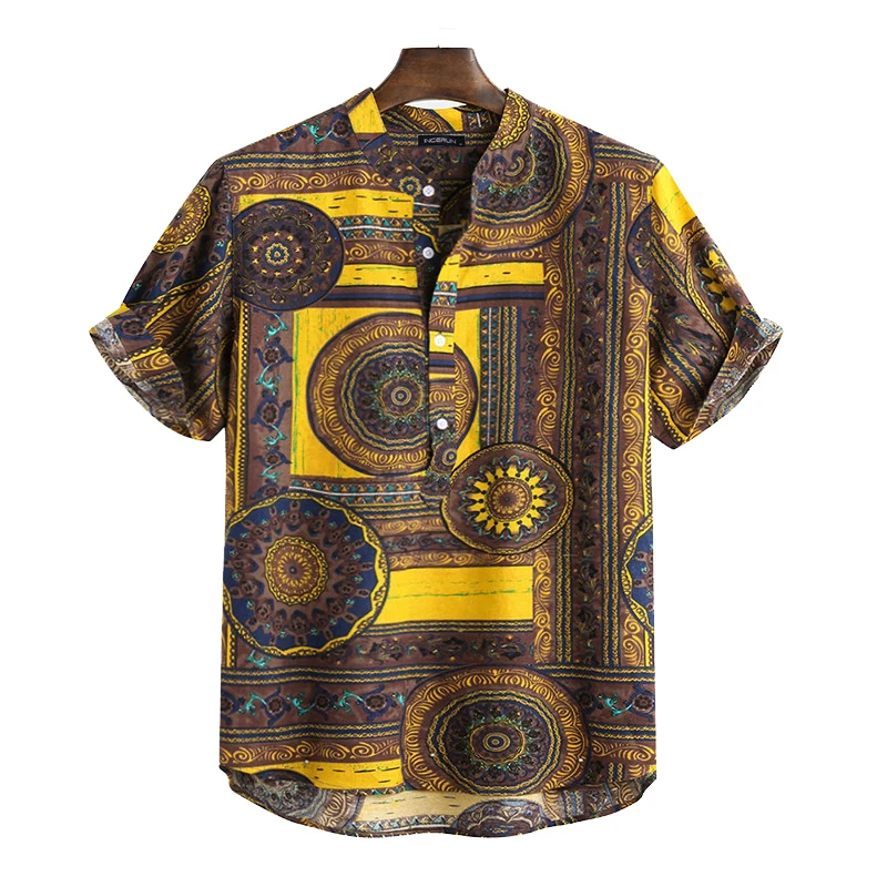 Camisa de algodón para hombre, ropa de playa con dibujo étnico Vintage, de manga corta, suelta, hawaiana, para vacaciones, 2021