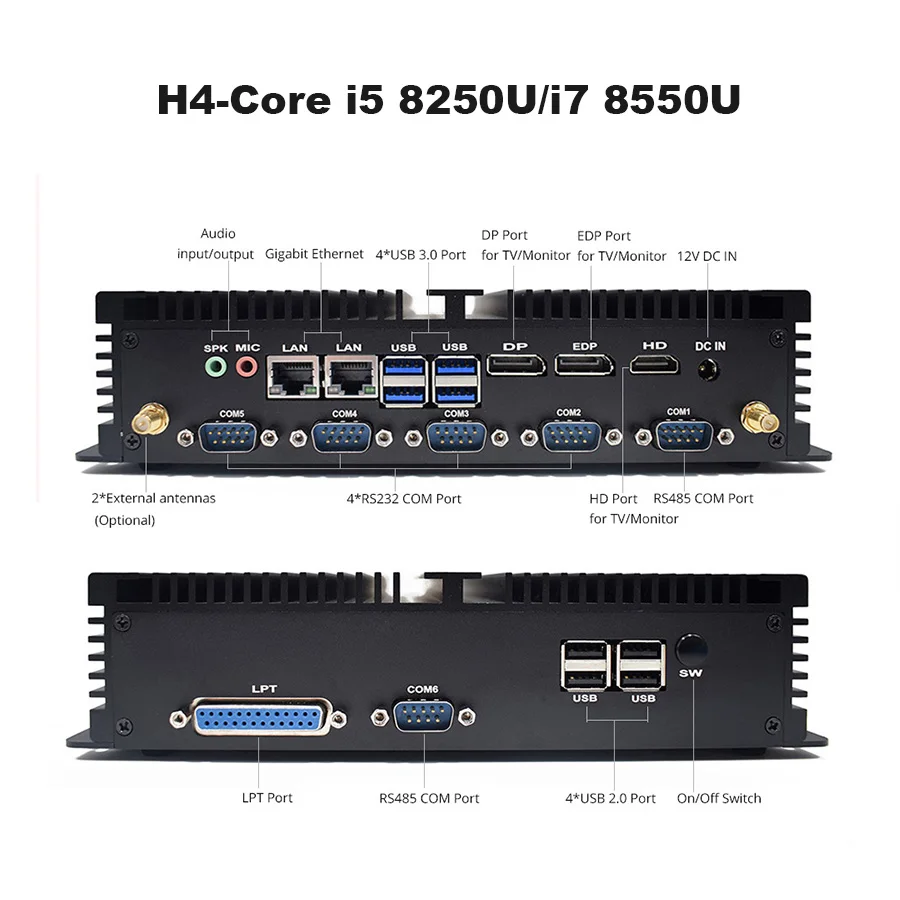 Четырехъядерный промышленный компьютер Core i7 8550U безвентиляторный ПК сервер i5 8250U