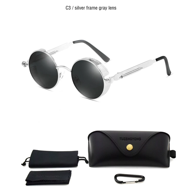 T8028 C3 Black case Винтажные поляризационные солнцезащитные очки, для мужчин и женщин, круглые очки в металлической оправе в стиле стимпанк, дизайнерские очки со степенью защиты UV400 - Цвет линз: T8028 C3 Black case
