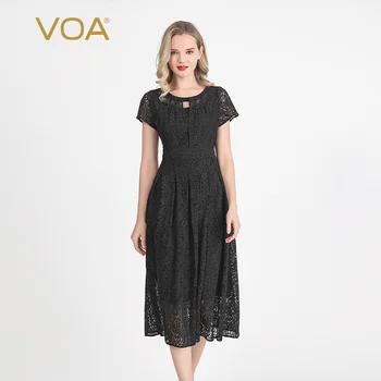 

VOA Black Lace Women's Short Sleeve Back Hollow Waist Slim Big Pleated X Temperament Midi Dress RH63