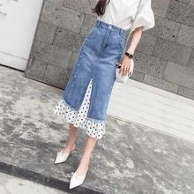 Новинка, летняя женская джинсовая юбка с оборками, высокая талия, горошек, длинный хвост, юбки синего цвета, 7394