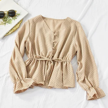 

Polka Dot Chiffon Blouses Women 2020 Spring Summer Short Shirts V Neck Flare Sleeve Sweet Kawaii Blusas Mujer
