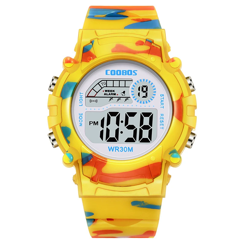 Детские часы для детей от 3 до 15 лет, детские цифровые часы-будильник, Камуфляжный цвет, для мальчиков и девочек, Llluminate, час, дата, спортивные, мужские, желтые G - Цвет: Цвет: желтый