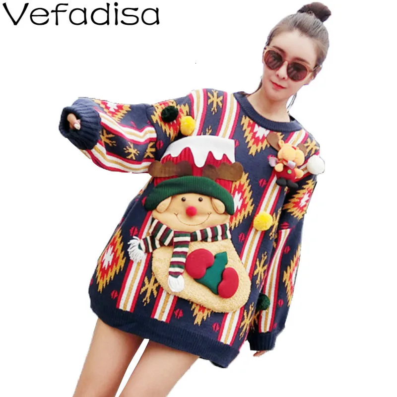 Vefadisa Christmas Sweater Woman 2019 Appliques Pullovers Winter Warm Thick Knitting Tops O-Neck QYF1034 | Женская одежда