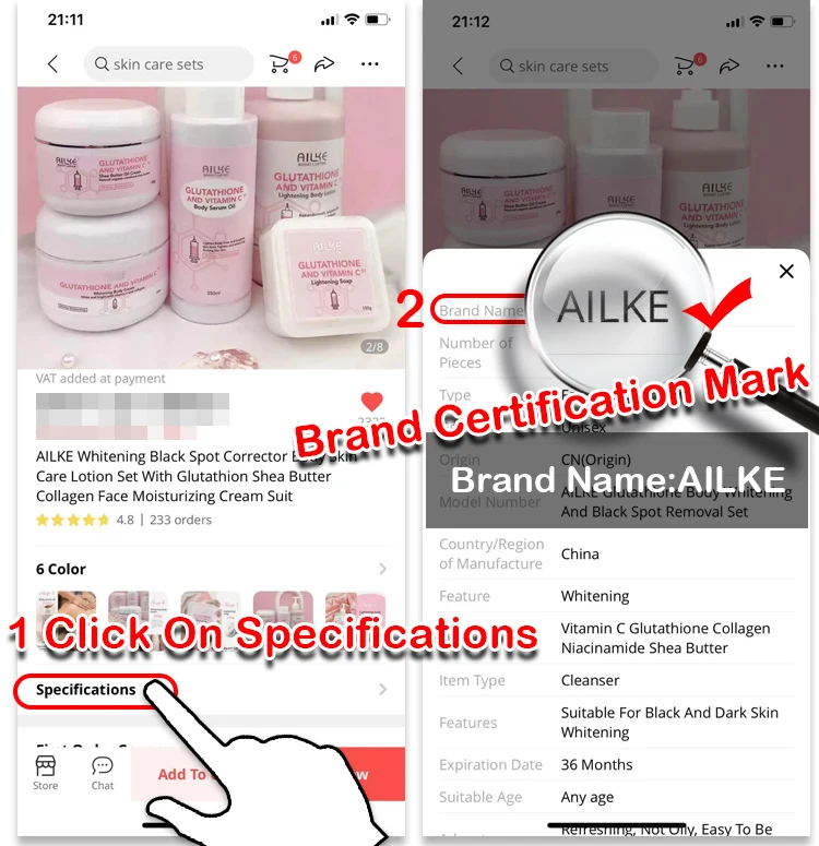 AILKE Whitening Black Spot Corrector Body Skin Care Lotion Set With Glutathion Shea Butter Collagen Face Moisturizing Cream Suit