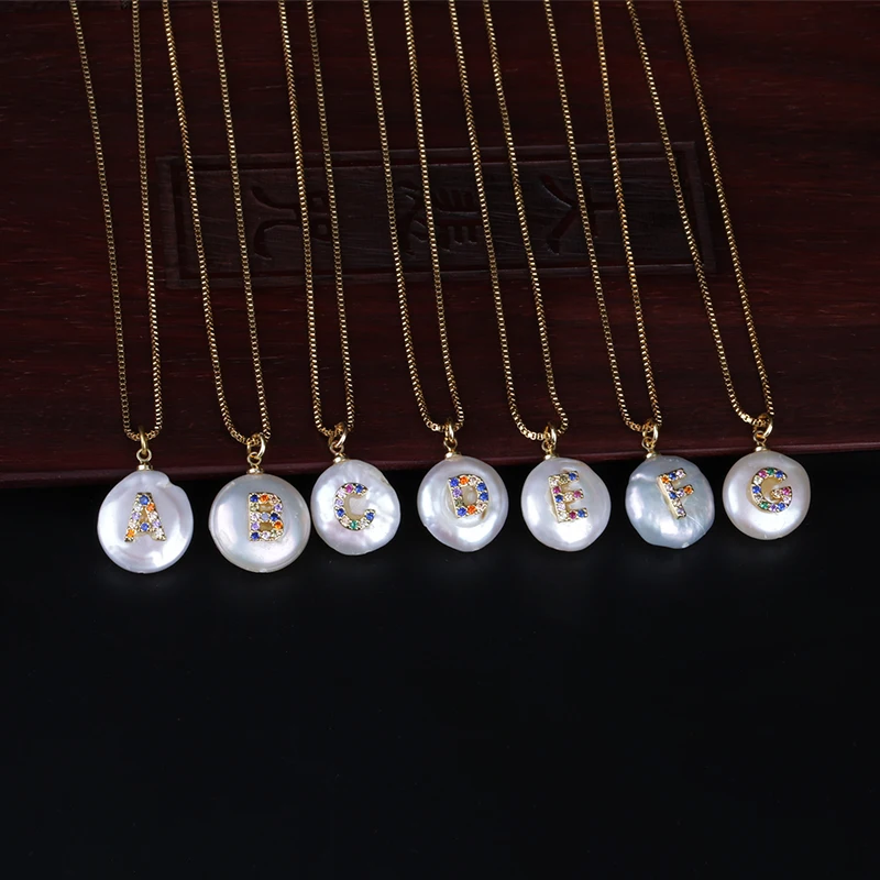 

mix color CZ initial 26 alphabet letter name charm real pearl charm personalized pendant dainty chain choker necklace for women