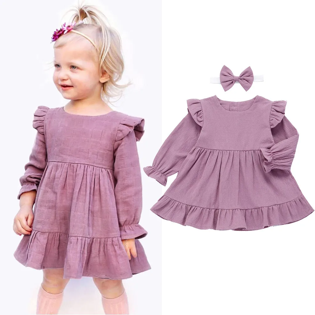 Новое Детское однотонное платье принцессы с оборками для маленьких девочек+ повязка на голову, комплект одежды из хлопковой смеси с круглым вырезом, модные комплекты для малышей