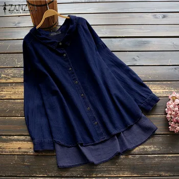 

ZANZEA Women Denim Shirts Long Sleeve Casual Irregular Hem Tops Blouses Office Lady Work Blusas Laple Solid Tunic Chemiser Mujer