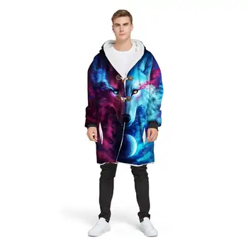 

2019 Winter Thermal Wolf Men's Digital Print Long-sleeved Hooded Jacket short velvet home jerseys