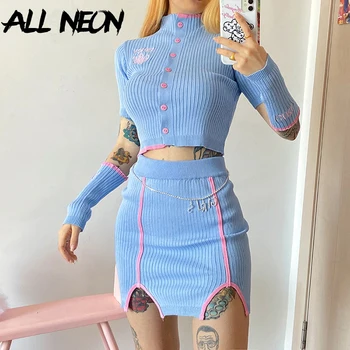 

ALLNeon E-girl Letter Embroidery Ribbed Knitted Matching Set Sweet Single-breasted Crop Tops And Slit Mini Skirts 2 Piece Suits