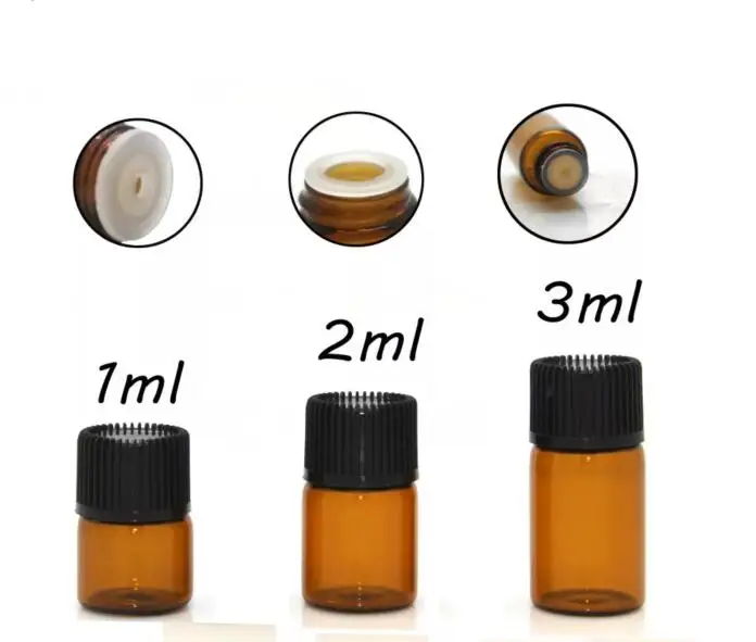 50PCS 1ml 미니 앰버 유리 빈 에센셜 오일 병 항아리 샘플 바이알 브라운 리필 가능 병(오리피스 리듀서 및 캡 포함)