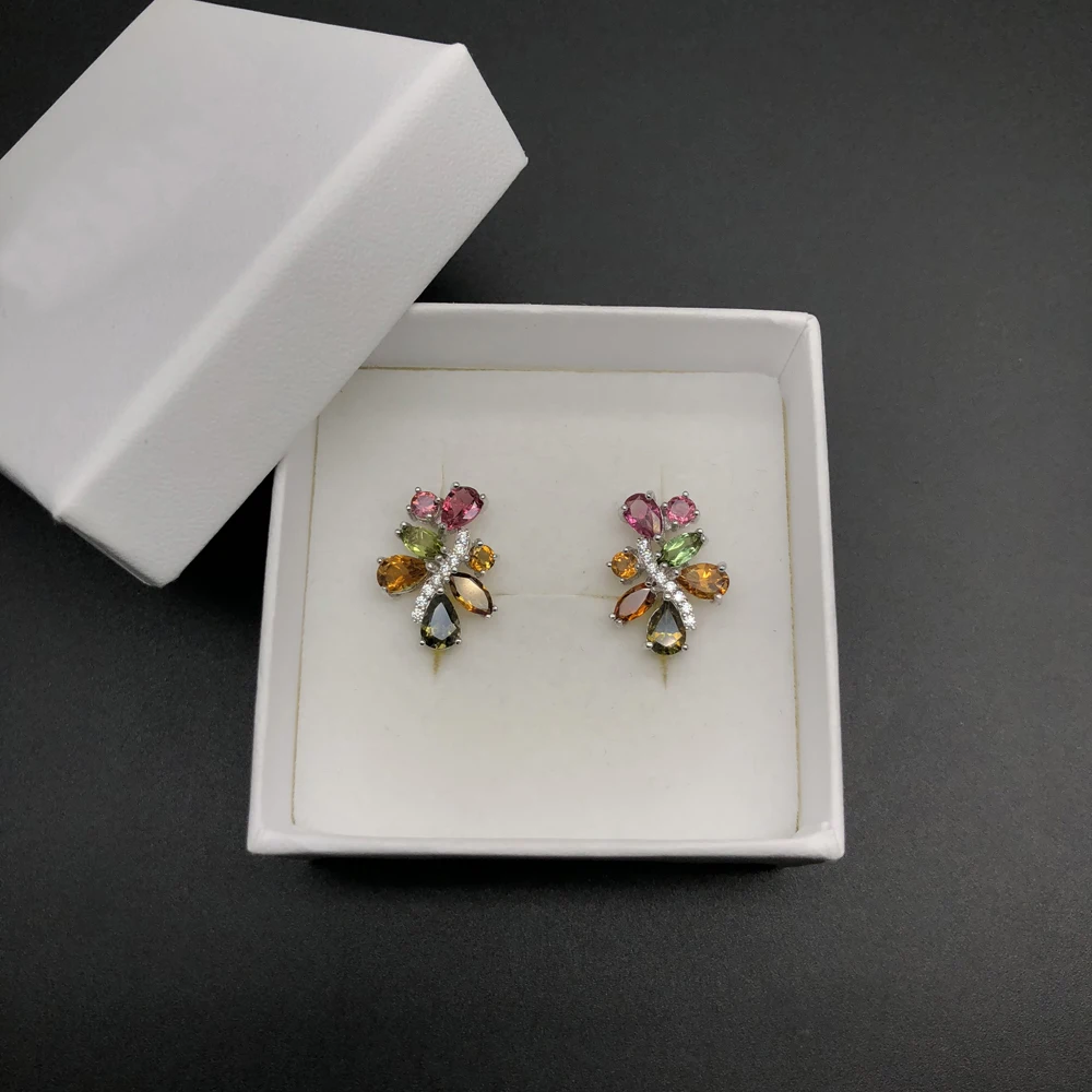 Bolai natural tourmaline jewelry sets 925 sterling silver stud earrings ring multi-color gemstone fine jewelry for women's 2019