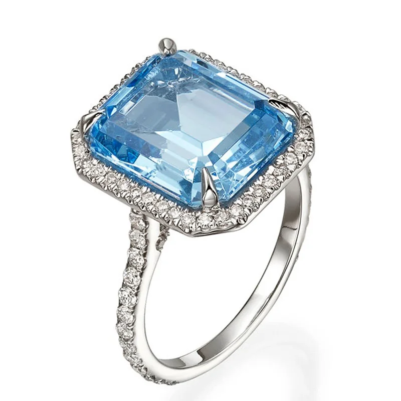 Huitan-Anillo de lujo de circonia cúbica con piedra azul cielo AAA para novia, sortija de regalo de aniversario elegante para mujer, joyería de boda clásica brillante para mujer