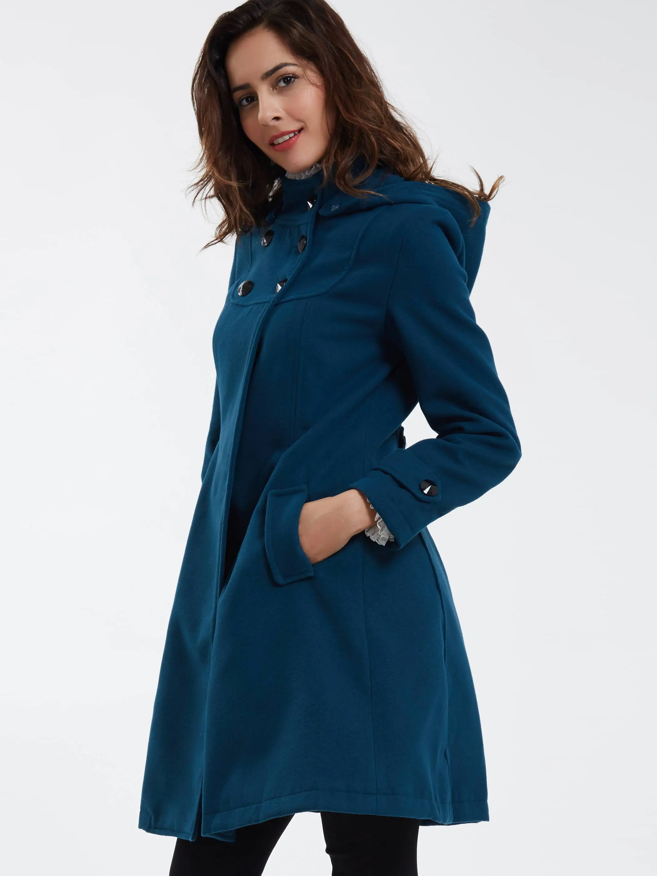 Women Coats Casual Vintage Elegant Winter Black Office Lady Plus Size Slim Hooded Button Green Female Fashion Retro Overcoats