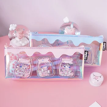 

Cute Laser Milk Bottle Pencil Case Iridescent Laser Cute Transparent Pattern School Supplies Stationery Christmas Gift