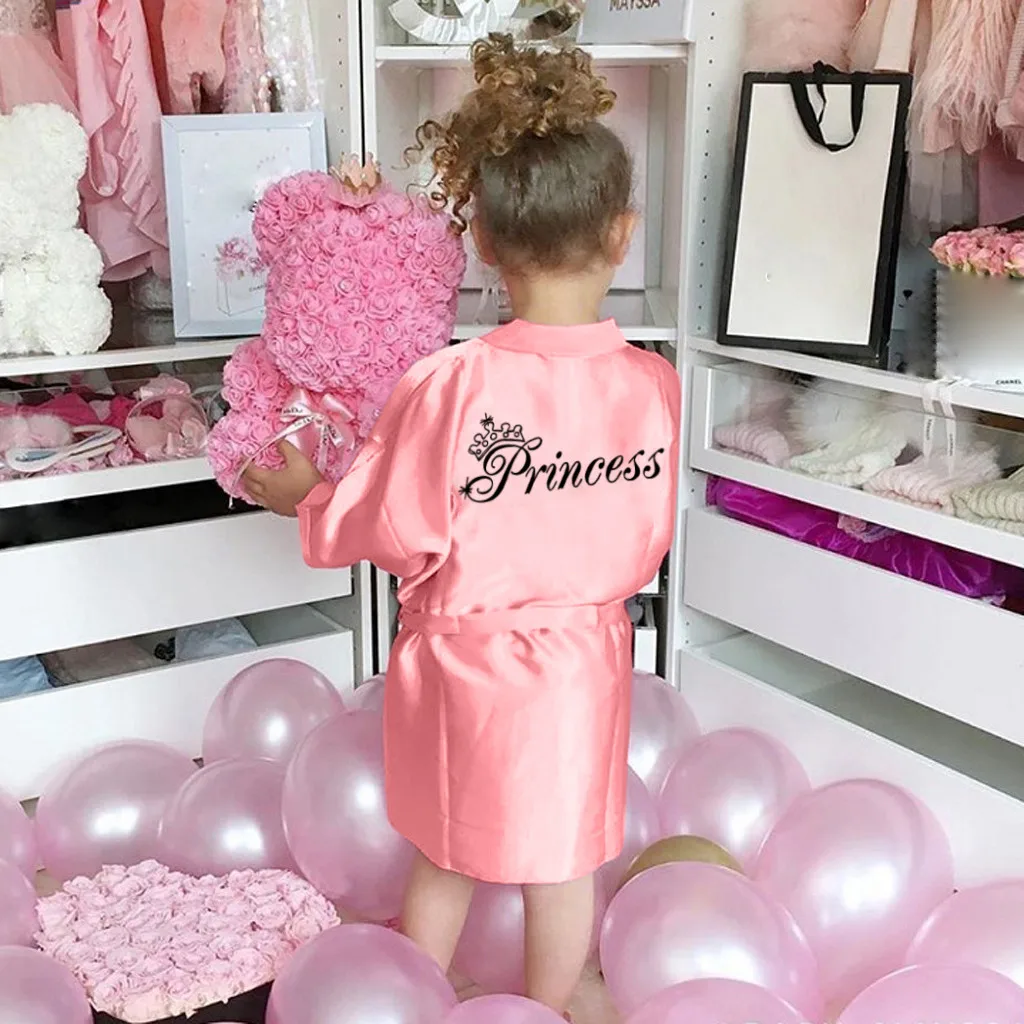 Children's Girl Pink Robe Solid Silk Satin Kimono Bathrobe Birthday Pyjamas Nightgown Kids Sleepwear Boy Girls Robes 1-5 Years | Детская