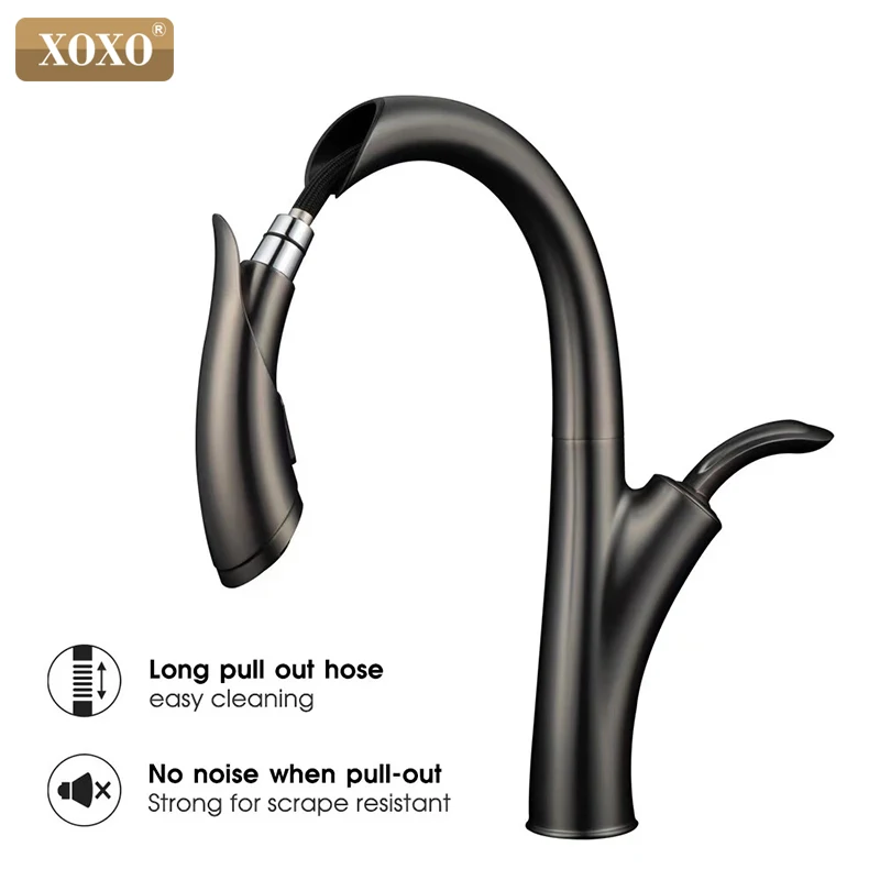  XOXO Kitchen Faucet Pull Out Cold and Hot Kitchen Tap Black Single Hole Single Handle Swivel 360 De - 4000173165812