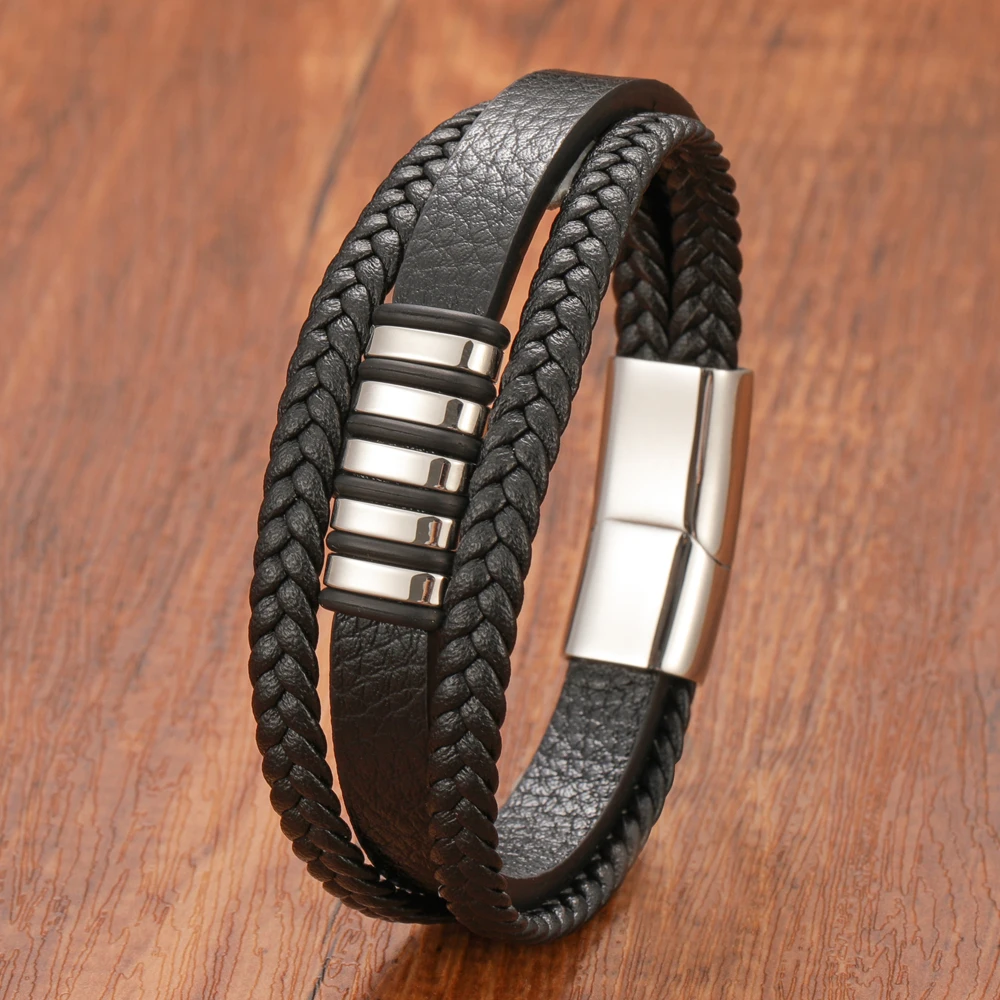 New Punk Multilayer Woven Genuine Leather Men's Bracelet Golden Black Stainless Steel Magnetic Clasp Jewelry Gift - Image 4