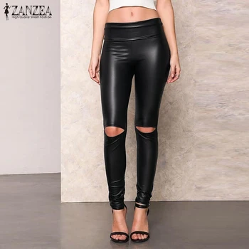 

2020 Women Sexy PU Leather Pants ZANZEA Fashion Hole Skinny Pencil Trousers Summer Solid Party Stretch Long Pantalon Streetwear