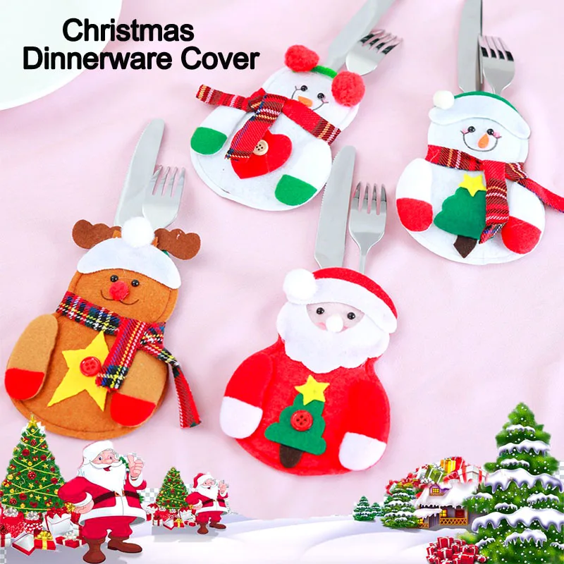 

4pcs Christmas Dinnerware Covers Non-woven Fabric Tableware Knife Fork Spoon Xmas Snowman Santa Claus Dinner Table Decoration