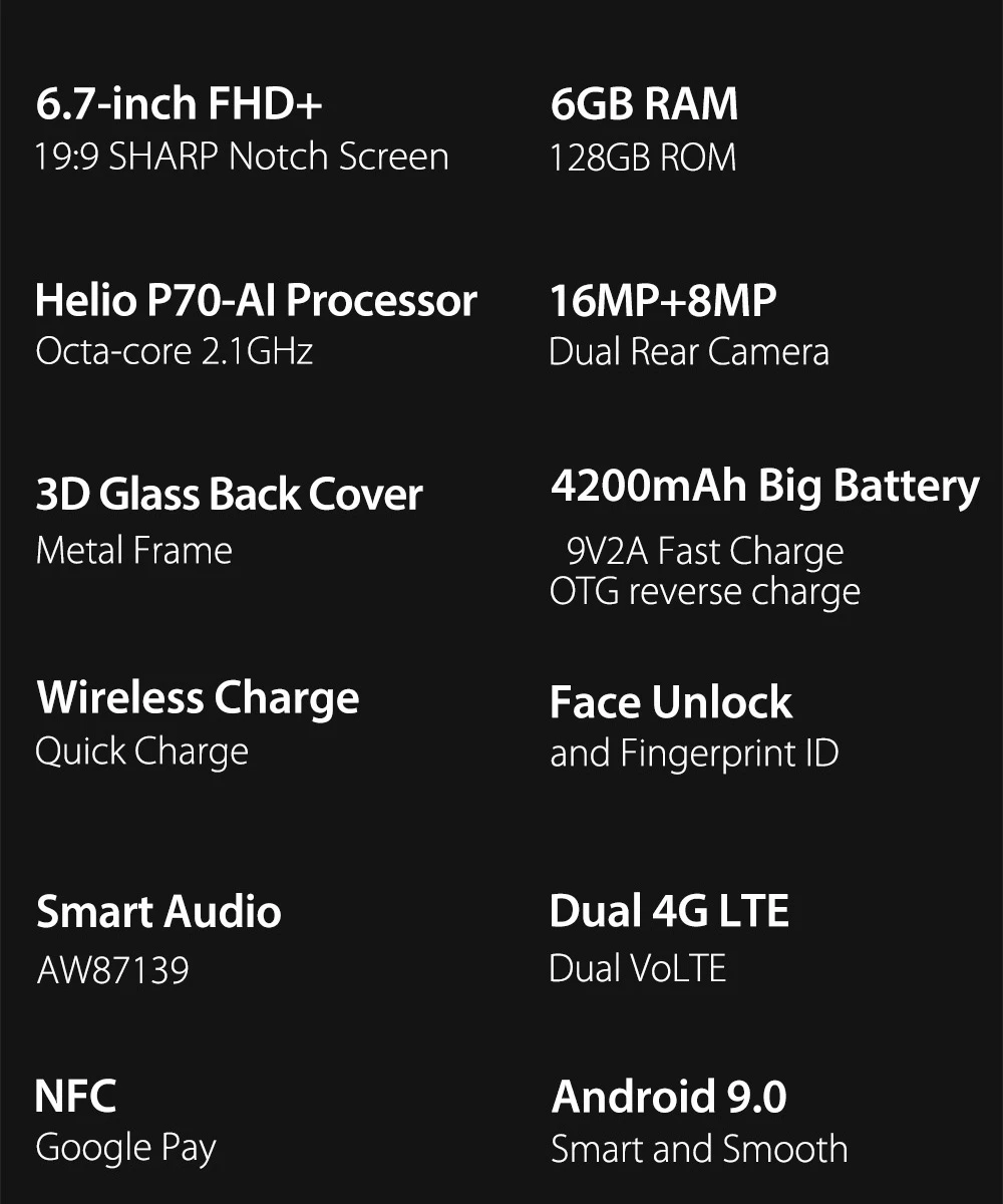 Ulefone T2 Android 9,0 мобильный телефон 6,7 "FHD + экран MT6771T Helio P70 Восьмиядерный 6 ГБ + 128 Гб NFC Лицо ID беспроводной зарядки смартфона