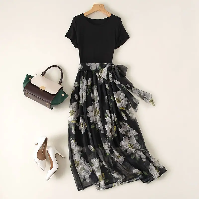 

2019 Summer New Style Elegant Short Sleeve Floral Printed Dress Mid-length Korean-style Belly Covering Big Hemline Chiffon Maxi