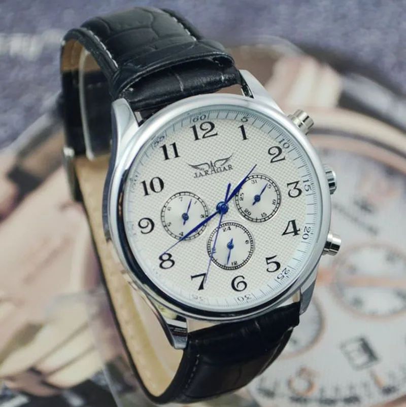 JARAGAR Automatic Mechanical Self-Wind Sport Thin Case Calendar 24Hour Week Dial Real Leather Strap Men Wrist Watch mechanical watch