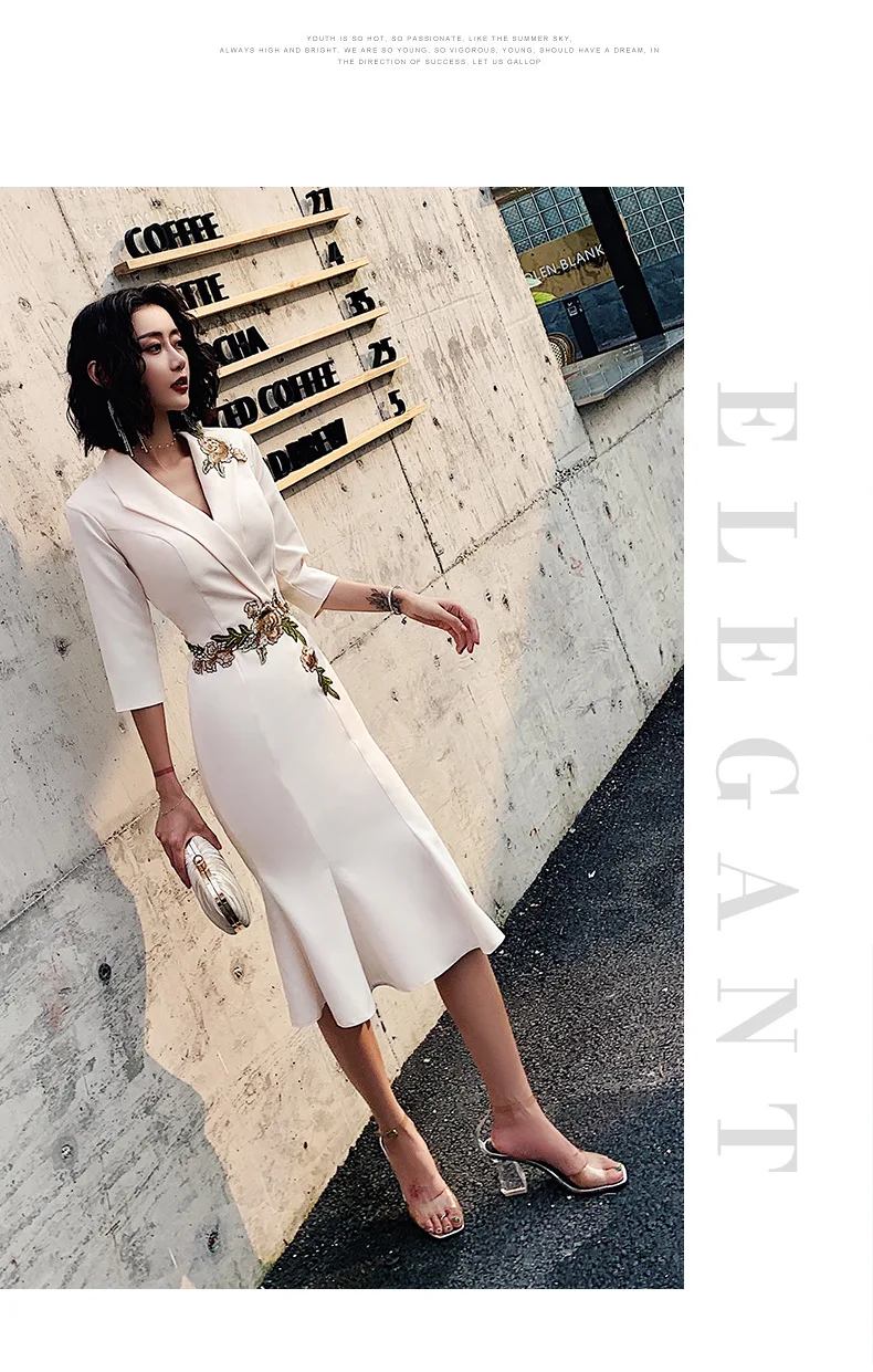 Robe De Soiree элегантные вечерние платья цвета слоновой кости длина до середины икры вышивка простой дизайн ES3095 женские вечерние платья