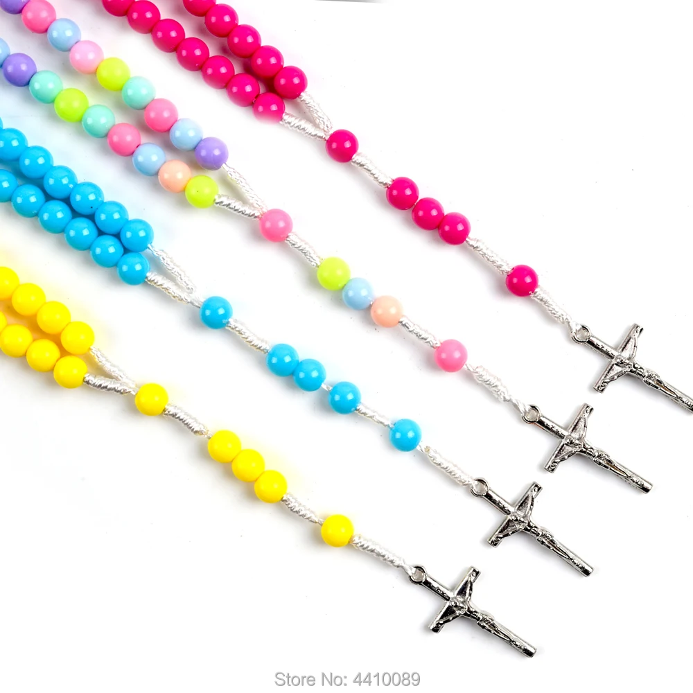 

Baby Rosary Acrylic Round Bead Yellow Red Blue Color Catholic Alloy Cross