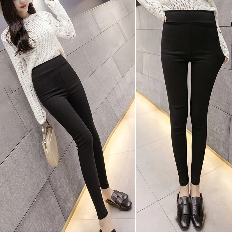 

Elastic Waist Black Mid Waist Skinny Trousers women Elegant Slim Fit High Waist Pants office pencil pants