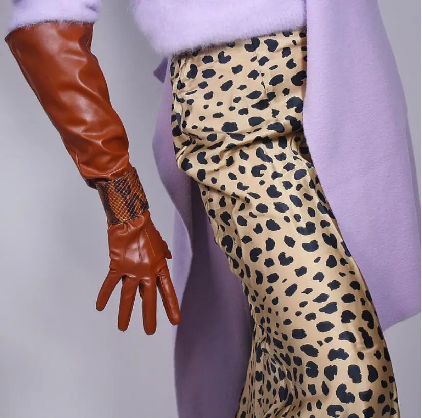 Women's fashion sexy slim faux pu leather glove lady's club performance formal party leather long brown glove 40cm R2046
