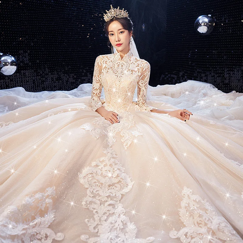 Vivian's Bridal Новое роскошное блестящее свадебное платье с высоким воротом и Длинным Рукавом Кружевная аппликация для принцессы бальное платье пушистое свадебное платье