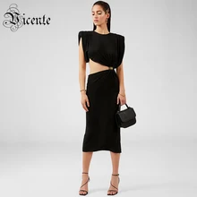VC tutto spedizione gratuita 2020 nuova vita Chic scava fuori maniche drappeggiate spalla forte Silhouette Design Celebrity Party Midi Dress