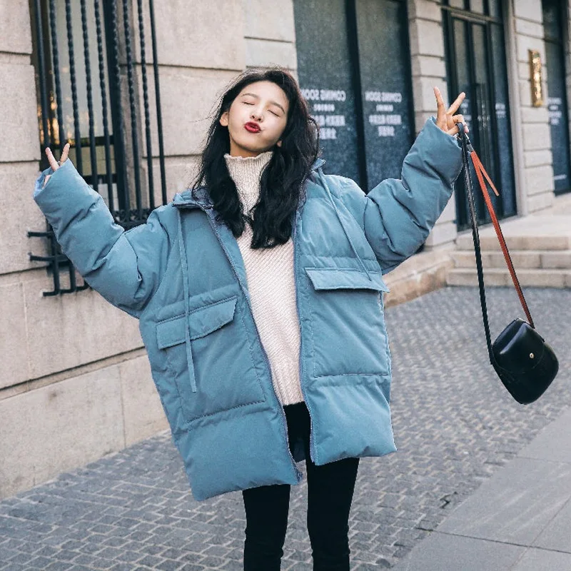 

Photo Shoot Main Push INS Sweet Greyish Blue Straight-Cut Short-height Drawstring Hooded Loose-Fit down Coat Women Coat