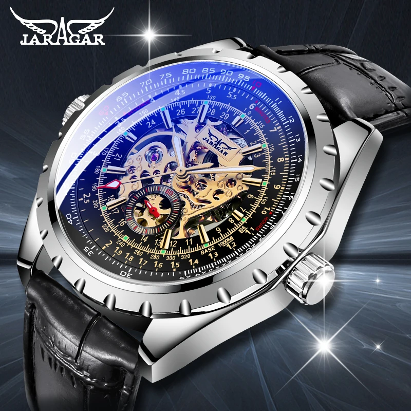 

Luxury Brand Jaragar Mens Automatic Watch Skeleton Display Leather Mechanical Wristwatch Male Business Clocks Relogio Masculino