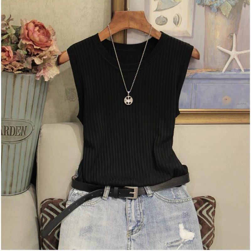 Knitted Vests Women Top O-neck Solid Tank Fashion Female Sleeveless Casual Thin Tops 2022 Summer Knit Woman Shirt Gilet Femme