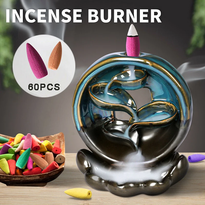 Rounded Waterfall Smoke Backflow Incense Burner Ceramic Holder+60 Cones