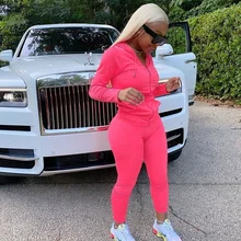 

FAKUNTN Set Women LongAutumn Two Piece Sleeve Hooded Zipper Pocket Sporty Jackets+leggings Matching Sets Workout Stretchy