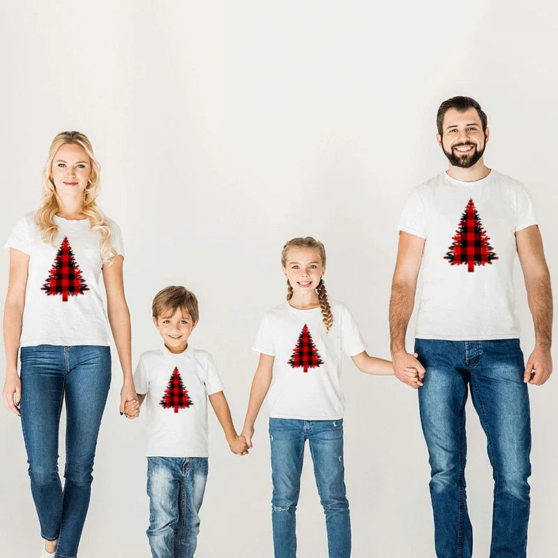 1 предмет, белая футболка в клетку с леопардовым принтом и рождественскими елками для всей семьи Праздничная футболка для маленьких мальчиков и девочек детские рождественские подарки