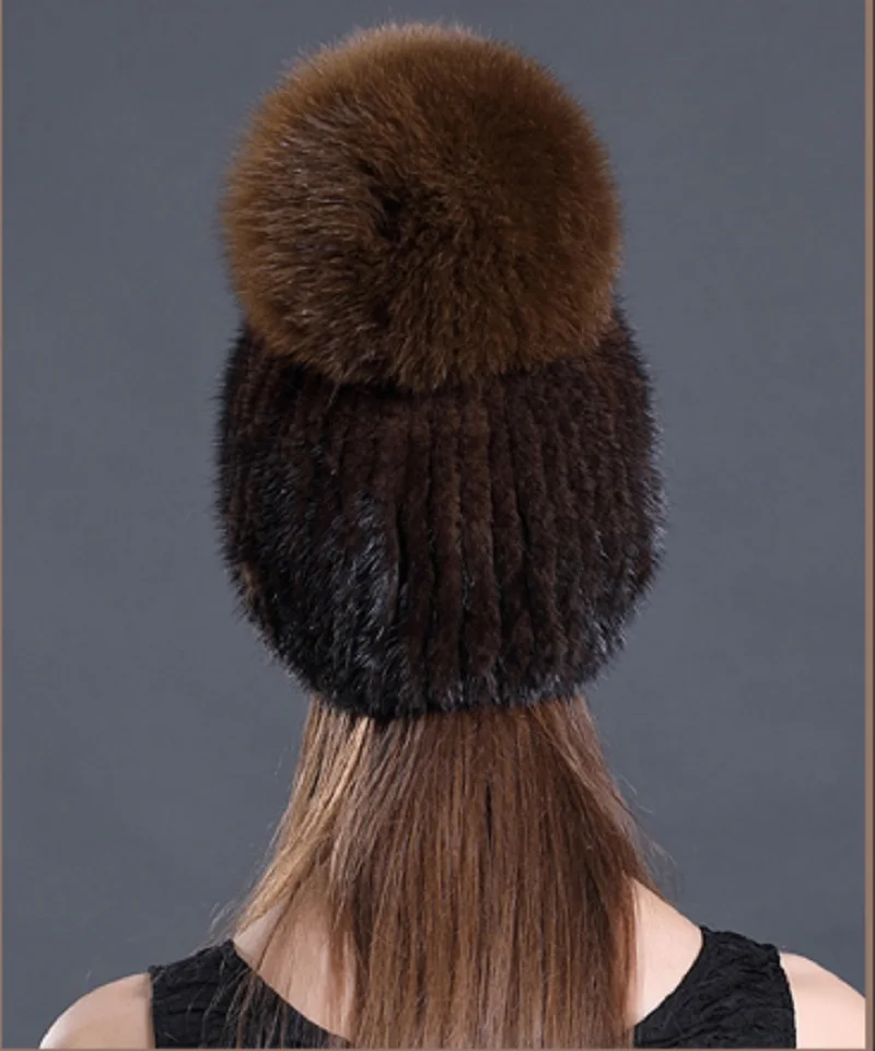 Real Mink Fur Hats Women Winter Warm Caps With Big Fox Fur Ball Skullies Beanie Handmade Fluffy Soft