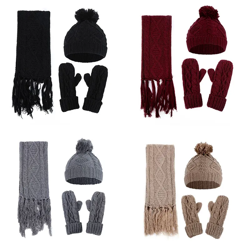 

Three-piece Set Pompom Skullies Beanies Cap Winter Warm Thick Soft Knitted Hat Scarf Gloves Set Rhombus Twisted