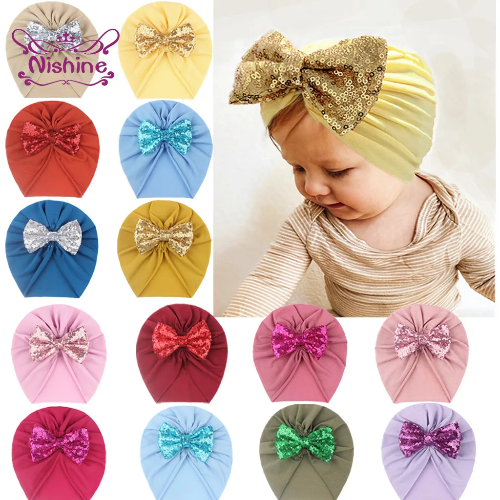Nishine Newborn Child Bowknot Hats Baby Girl Soft Glitter Sequins Big Bow Caps Infant Cotton Beanie Bonnet Kids Photo Props |