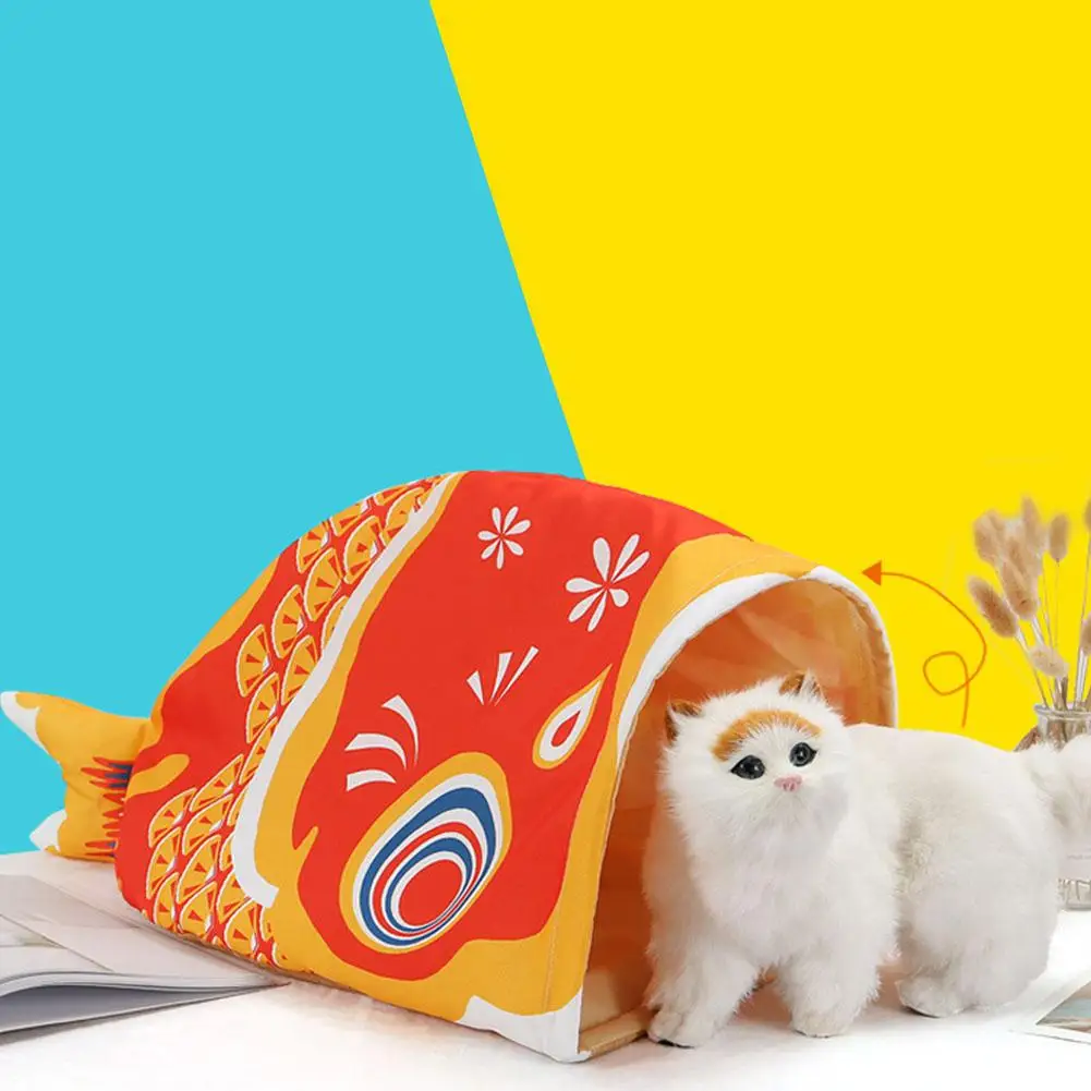 Cat Pet Cute Fish-Shaped Open House Crinkle Sleeping Bag Cathouse Nest for 4 Seasons
