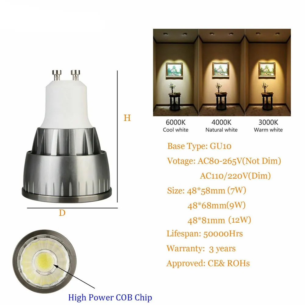 GU10 затемненные COB Светодиодный точечный светильник, лампочка E12 E14 E27 GU5.3 B15 MR16 DC 12V 7 ваттов 9 ваттов 12 ваттов 110V 220V AC 85-265V супер яркий алюминиевый
