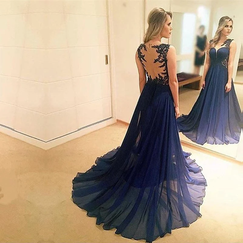 HWTX_Bridal, Элегантное Длинное платье для выпускного вечера,, без рукавов, прозрачная спина, Королевский синий шифон, а-силуэт, официальное вечернее платье, платье