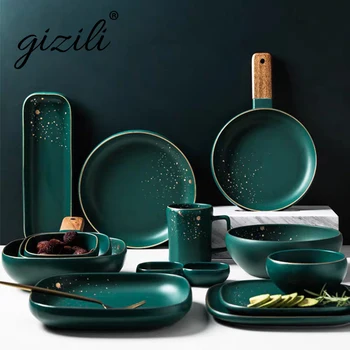 

GIZILI High Fashion Retro Green Dinner Plates Set Nordic Ceramic Tableware Dinnerware Set Bowl Plate Soup Bowl Set Modern Style