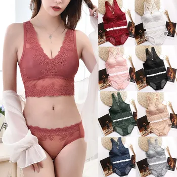 

Women Fashion Lace Wireless Bra Panty Set Sexy Perspective Briefs Solid Comfortable Breathable Underwear Lingerie Sleepwear
