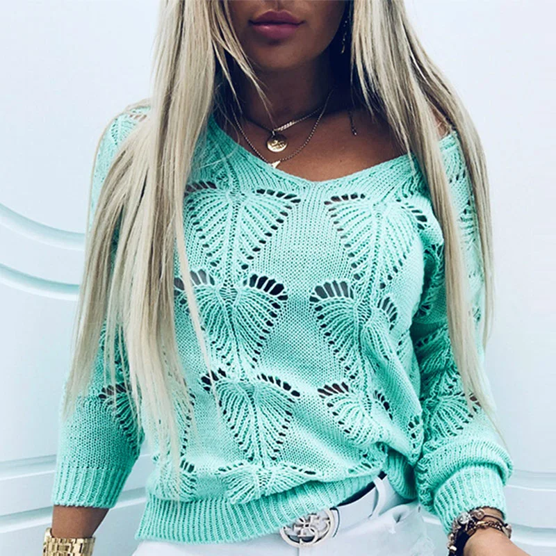 Женский вязаный крючком свитер с V-образным вырезом и длинным рукавом тонкие