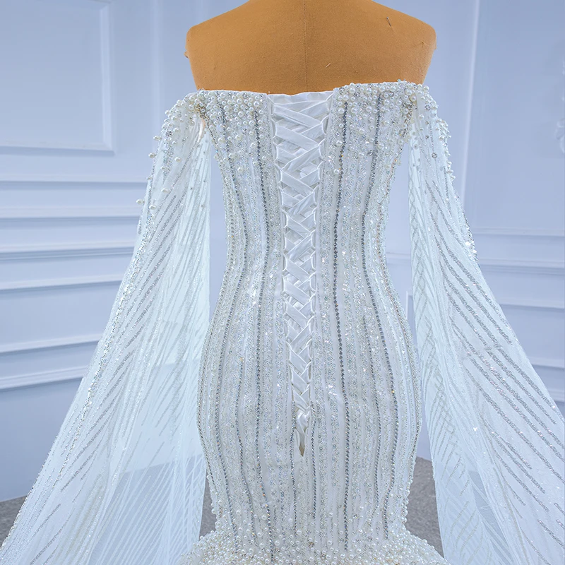 RSM67278 White Luxury Tube Top Beaded Wedding Dress New Bay Sleeve Fishtail Banquet Suknia Slubna ​striped Pattern Frill Gown 6