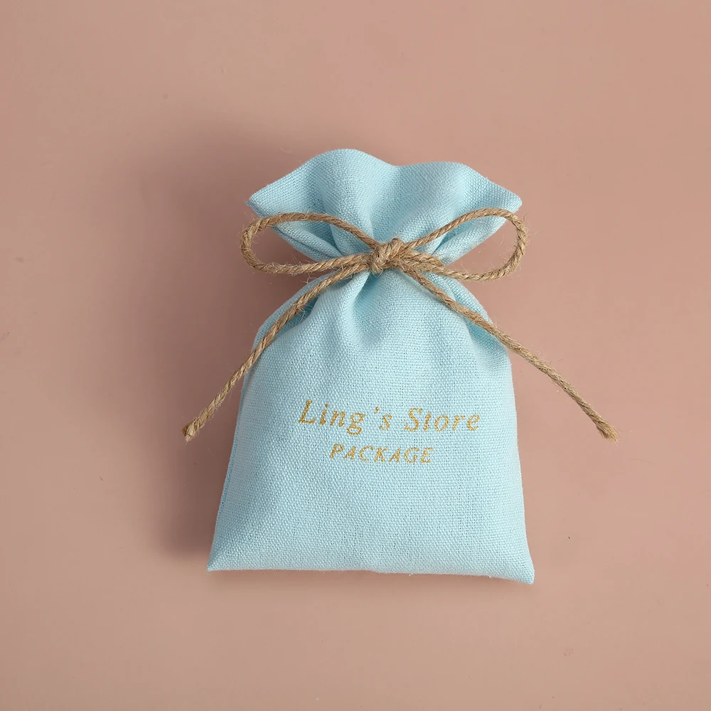 100pcs Blue Cotton Burlap Bucket Jewelry Bag Small Pouch for Wedding Party Gift Candy Bag Custom Logo Jewelry Organizer Packing